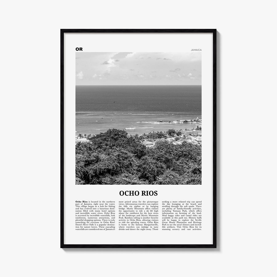 Ocho Rios black & white newspaper poster of Jamaica – vertical wall art, unframed print shown in interior mockup