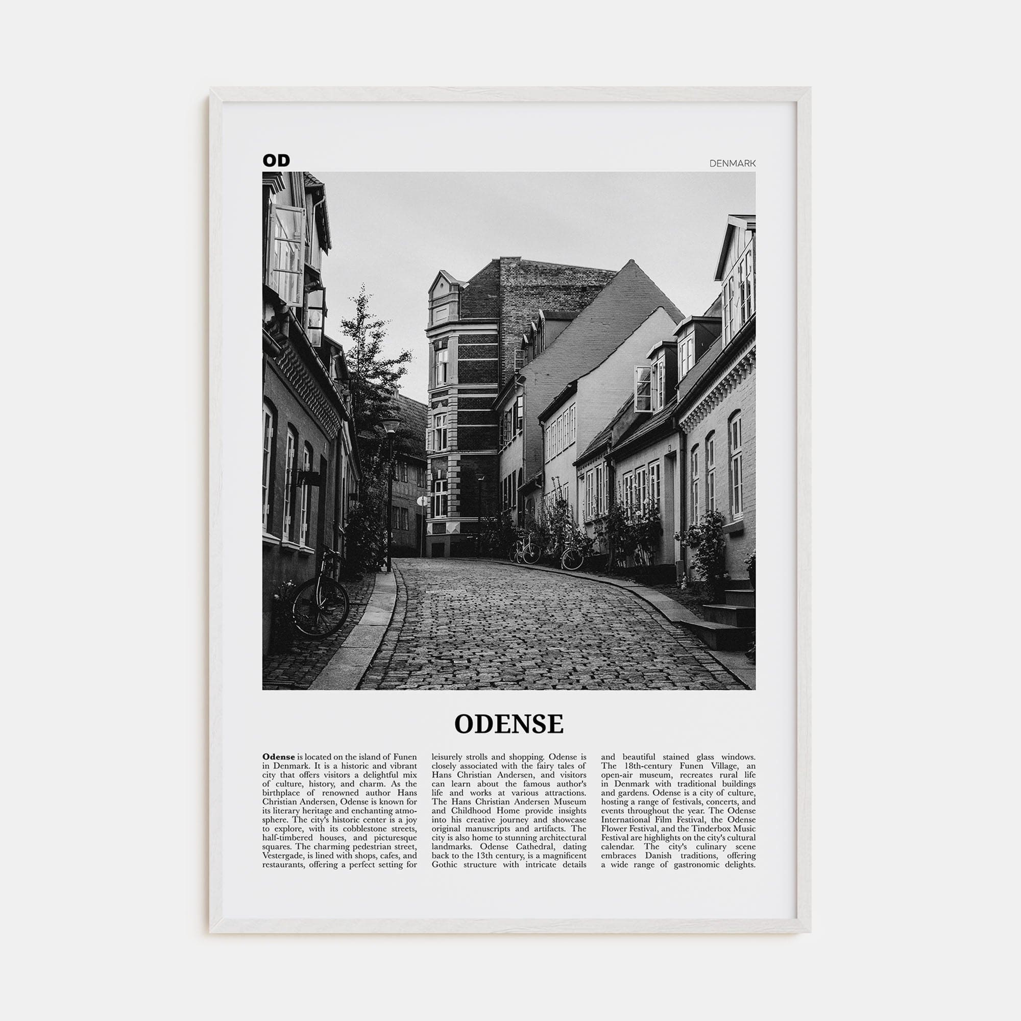 Odense Poster White Wood / 8x12 in Nbourhood Travel B&W Poster