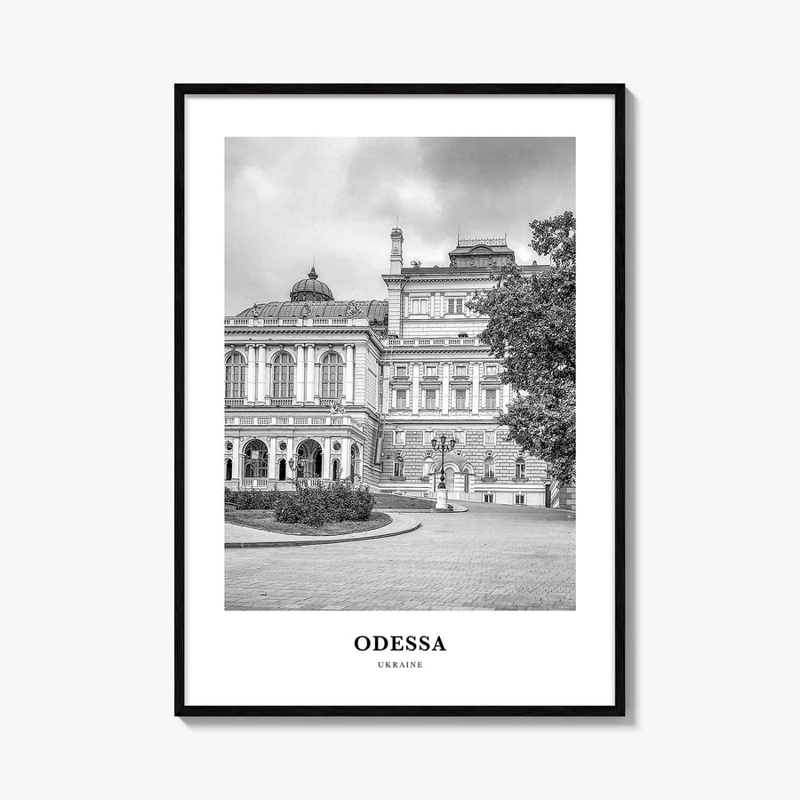 Odessa, Ukraine black & white classic poster of Ukraine – vertical wall art, unframed print shown in interior mockup