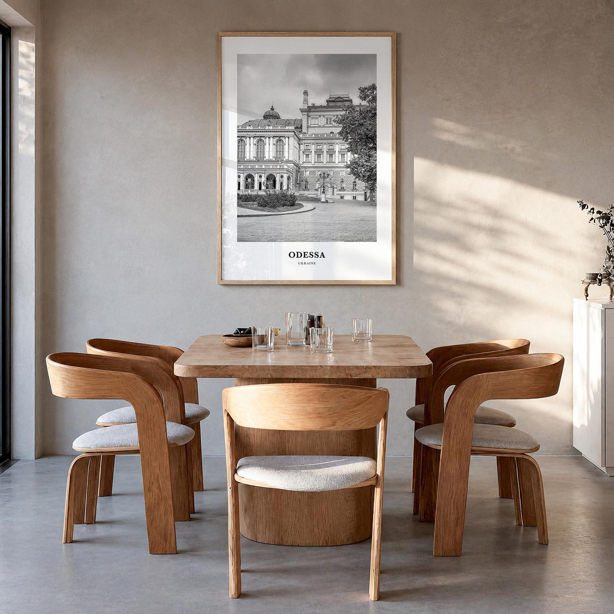 Odessa, Ukraine black & white classic poster of Ukraine – vertical wall art in natural wood frame, hanging on wall