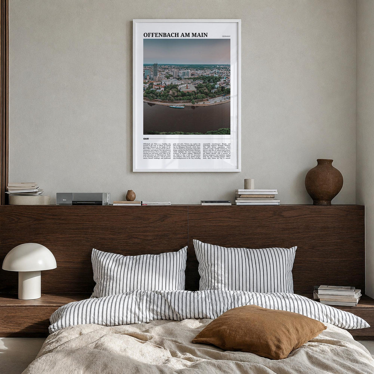 Offenbach am Main colorful travel poster of Germany – vertical wall art in white wood frame, hanging on wall