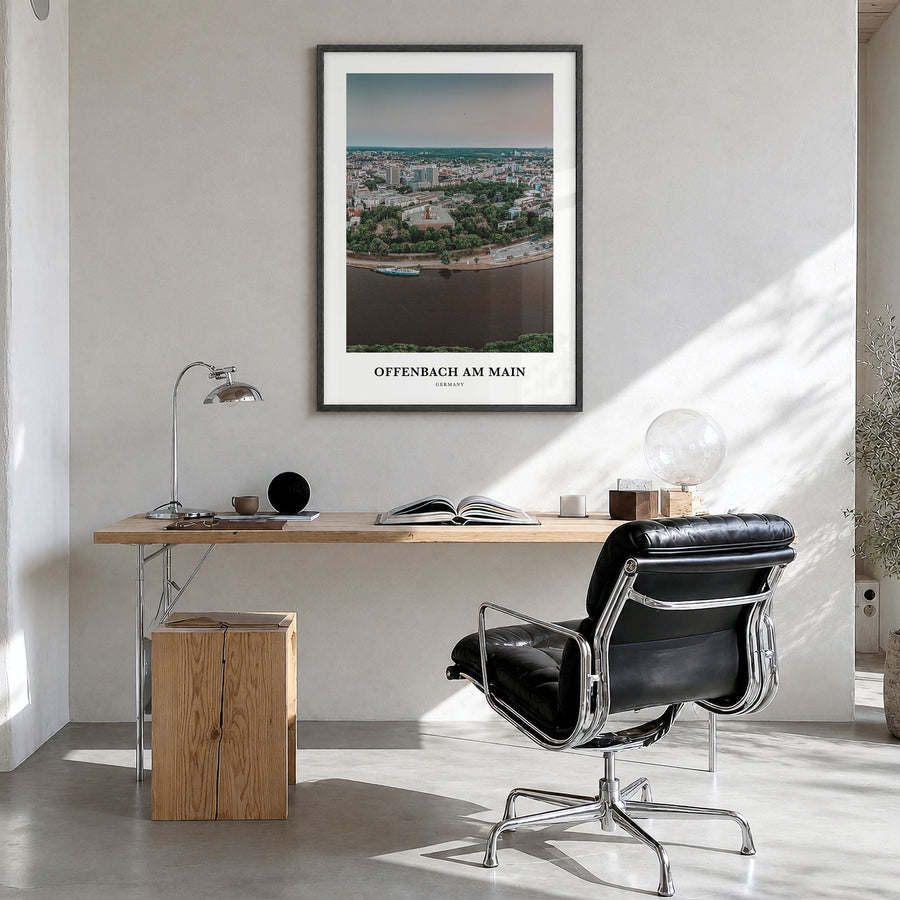 Offenbach am Main Classic Poster in a black wood frame, hanging in a bright home office