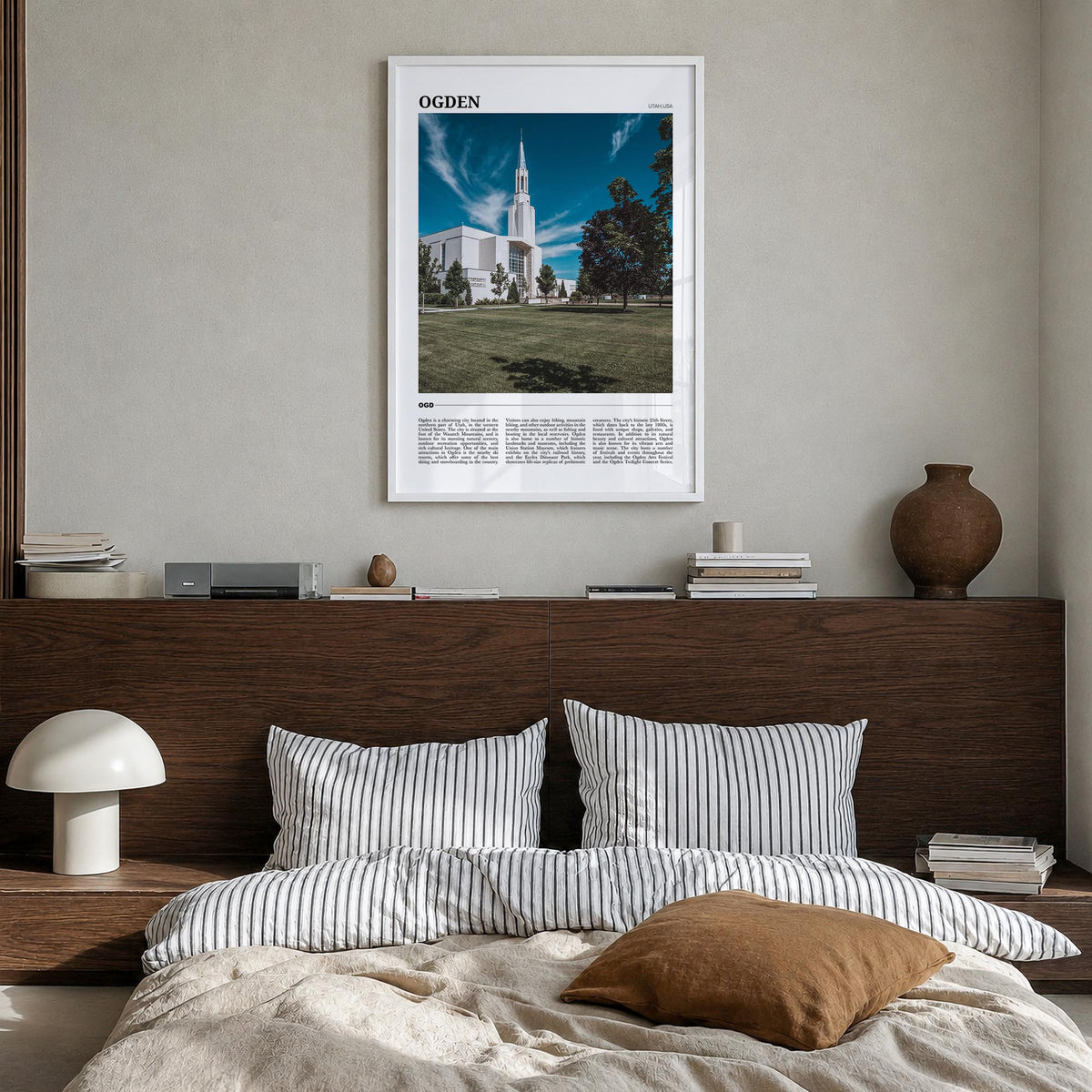 Ogden colorful travel poster of Utah, USA – vertical wall art in white wood frame, hanging on wall