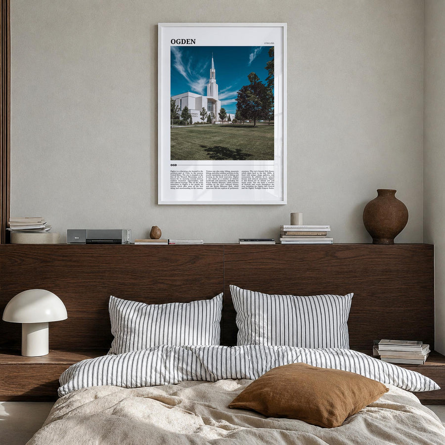 Ogden colorful travel poster of Utah, USA – vertical wall art in white wood frame, hanging on wall