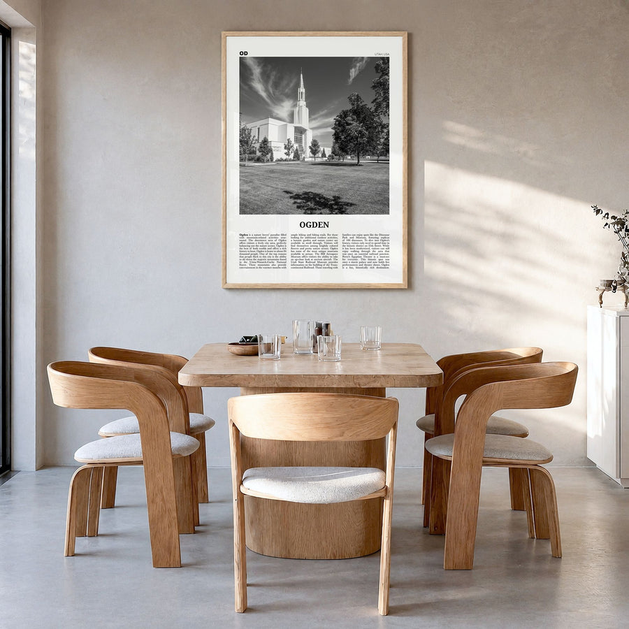 Ogden Newspaper Poster in a natural wood frame, hanging in a dining room