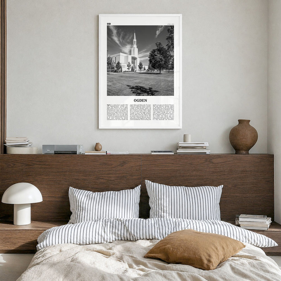 Ogden Newspaper Poster in a white wood frame, hanging in a bedroom