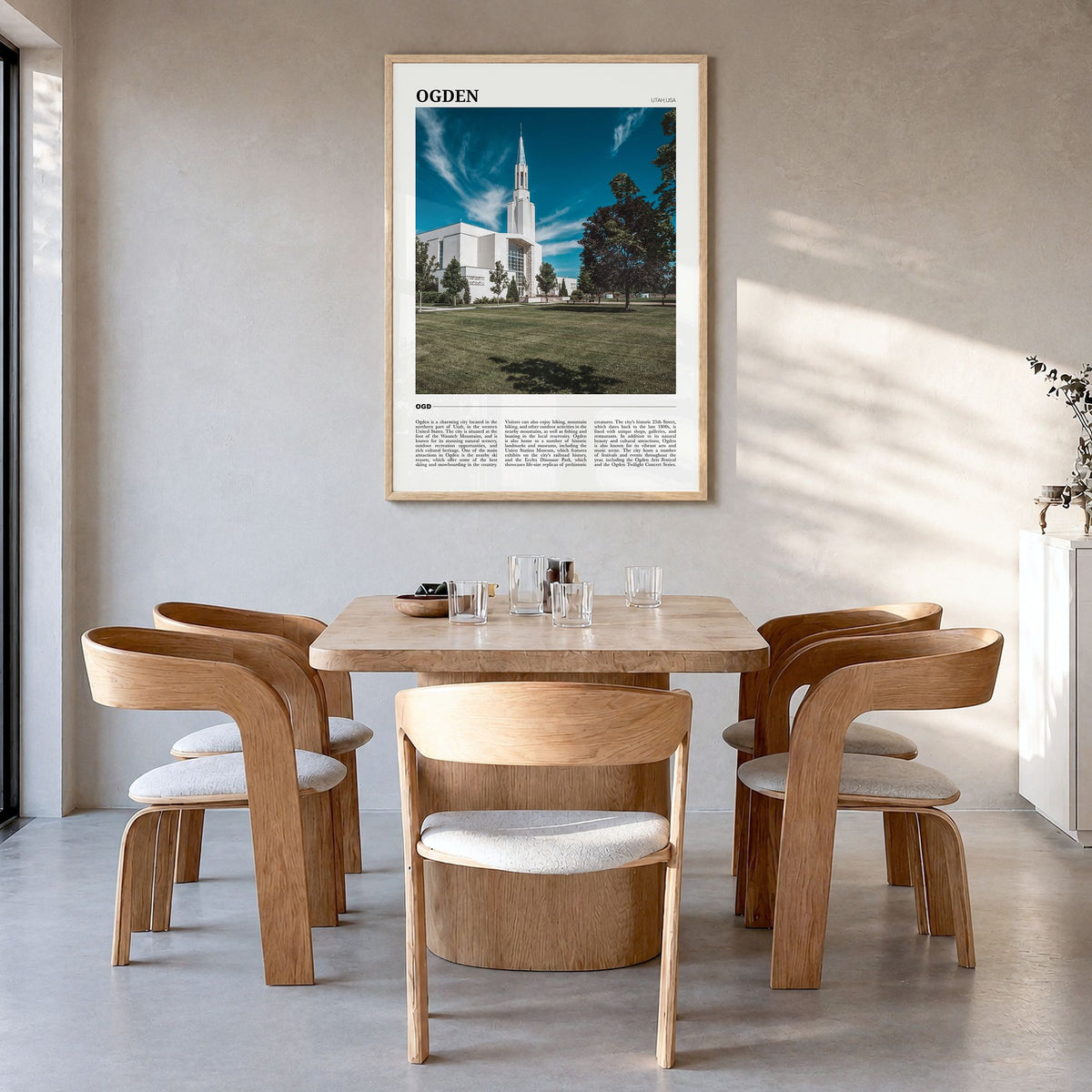 Ogden Travel Poster in a natural wood frame, hanging in a dining room