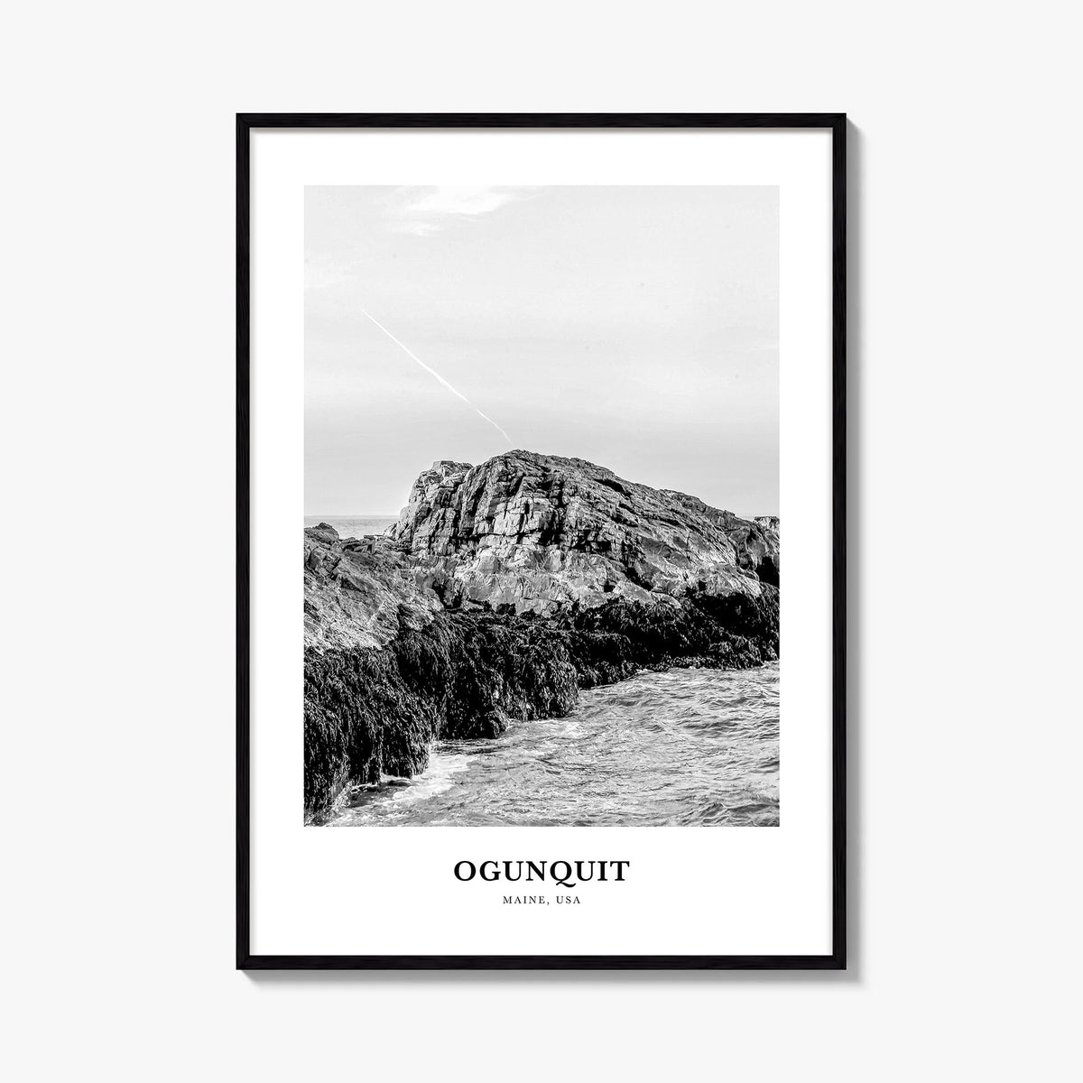 Ogunquit black & white classic poster of Maine, USA – vertical wall art, unframed print shown in interior mockup