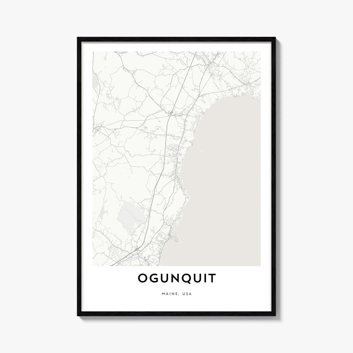 Ogunquit black & white map poster of Maine, USA – vertical wall art, unframed print shown in interior mockup