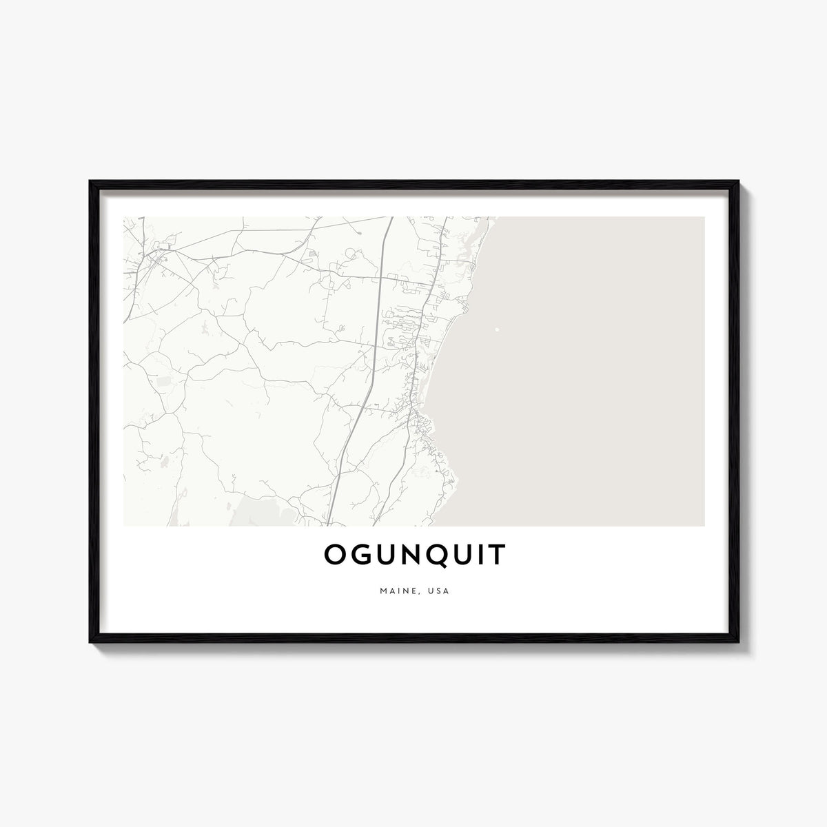 Ogunquit black & white map poster of Maine, USA – horizontal wall art, unframed print shown in interior mockup