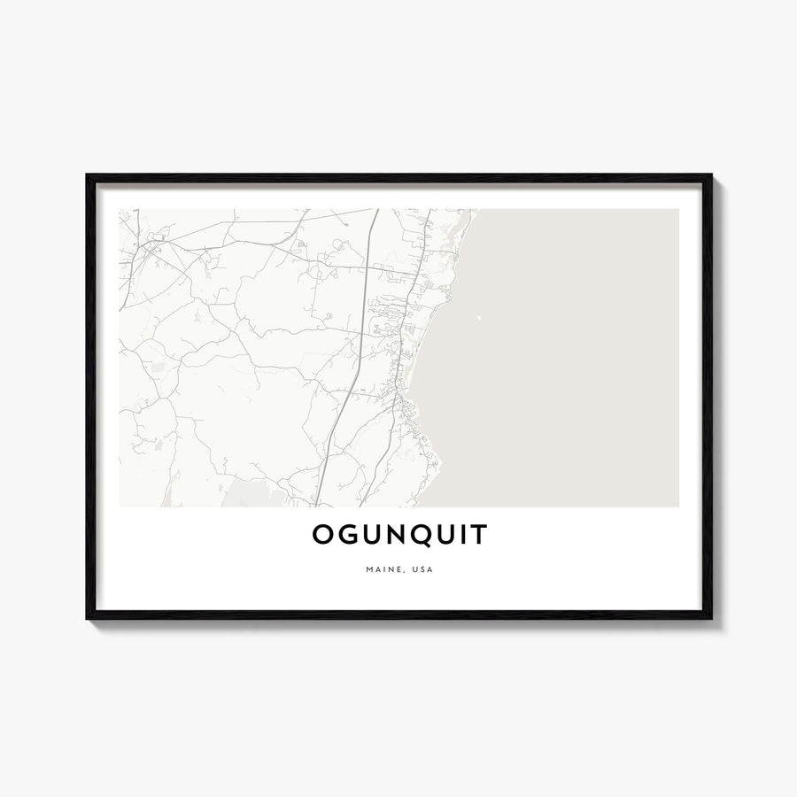 Ogunquit black & white map poster of Maine, USA – horizontal wall art, unframed print shown in interior mockup