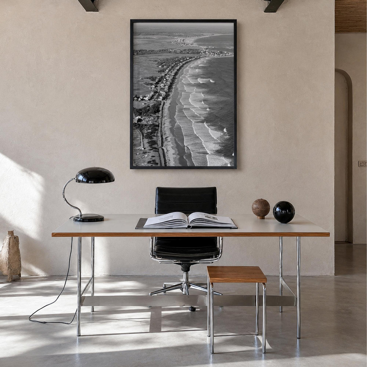 Ogunquit black & white photo poster of Maine, USA – vertical wall art in black wood frame, hanging on wall