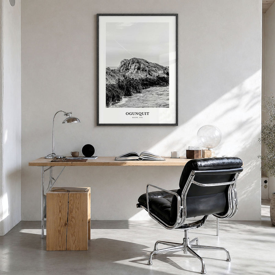 Ogunquit Classic Poster in a black wood frame, hanging in a bright home office