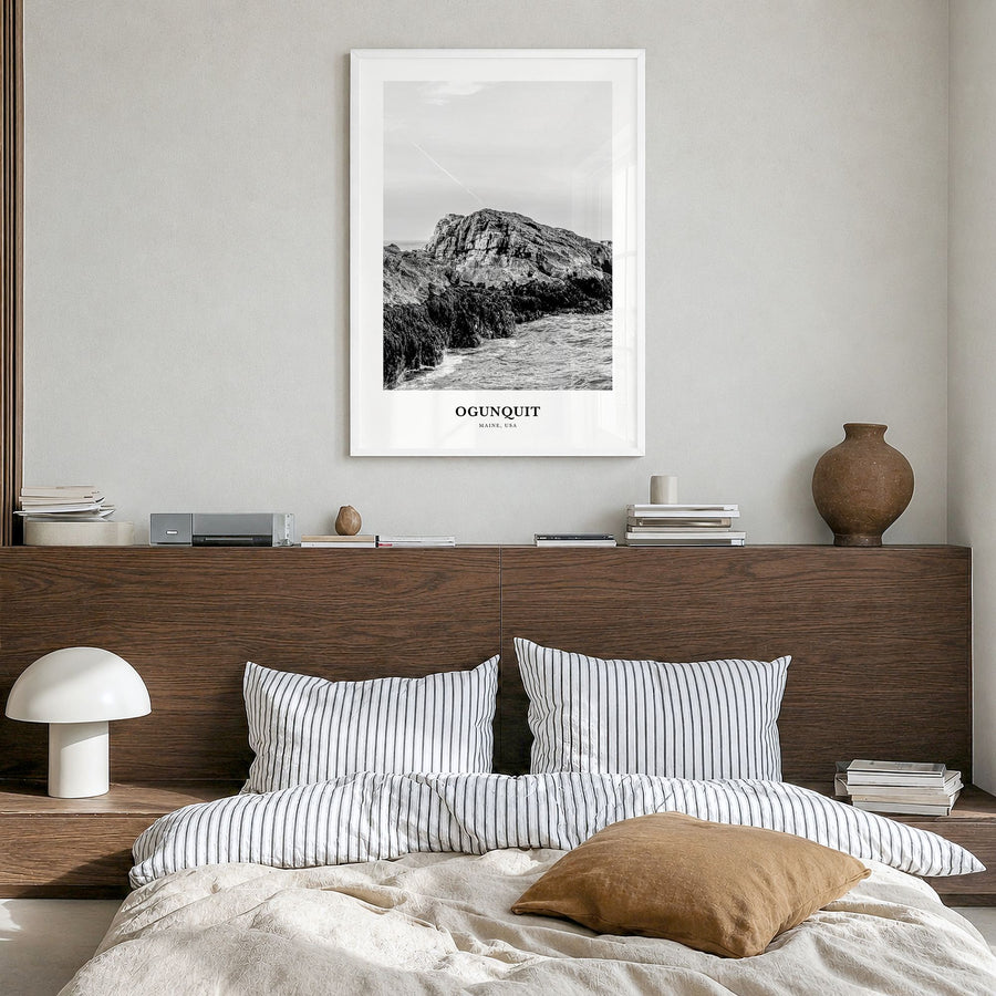Ogunquit Classic Poster in a white wood frame, hanging in a bedroom