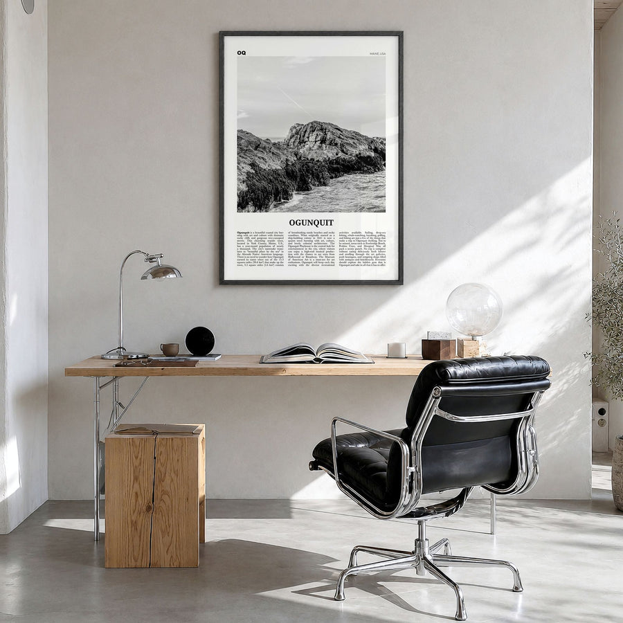 Ogunquit Newspaper Poster in a black wood frame, hanging in a bright home office