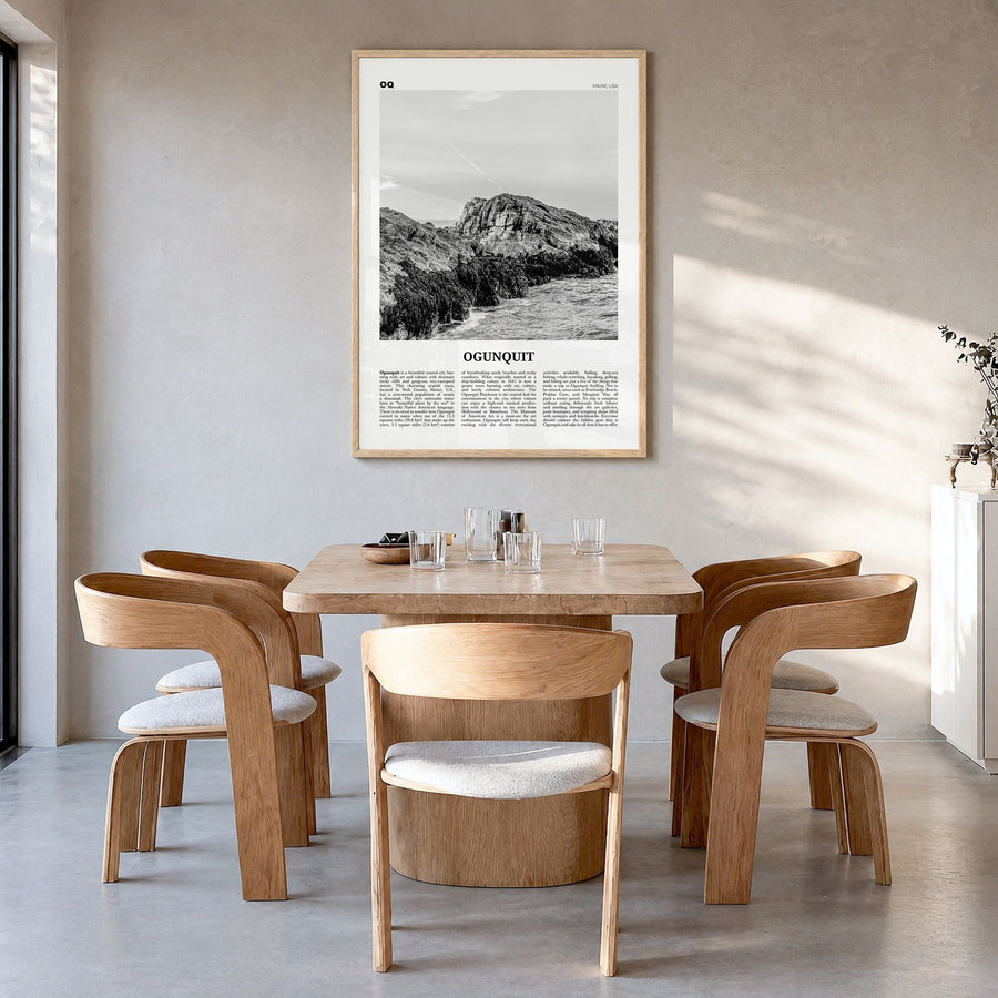 Ogunquit Newspaper Poster in a natural wood frame, hanging in a dining room