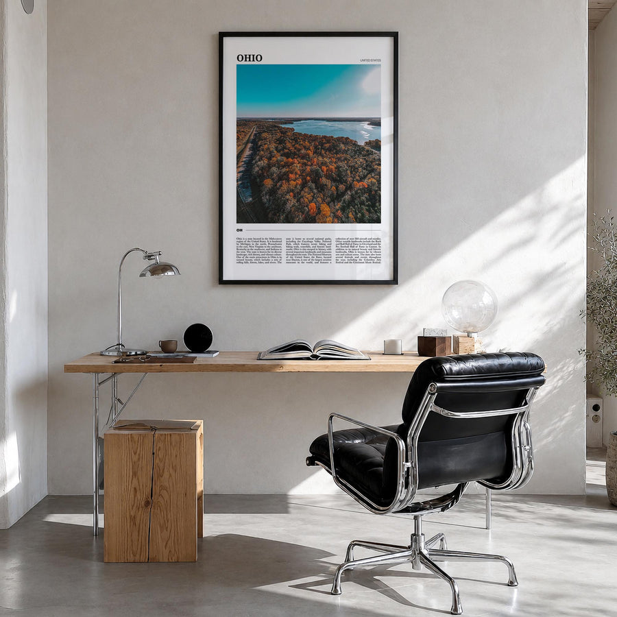 Ohio colorful travel poster of United States – vertical wall art in black wood frame, hanging on wall