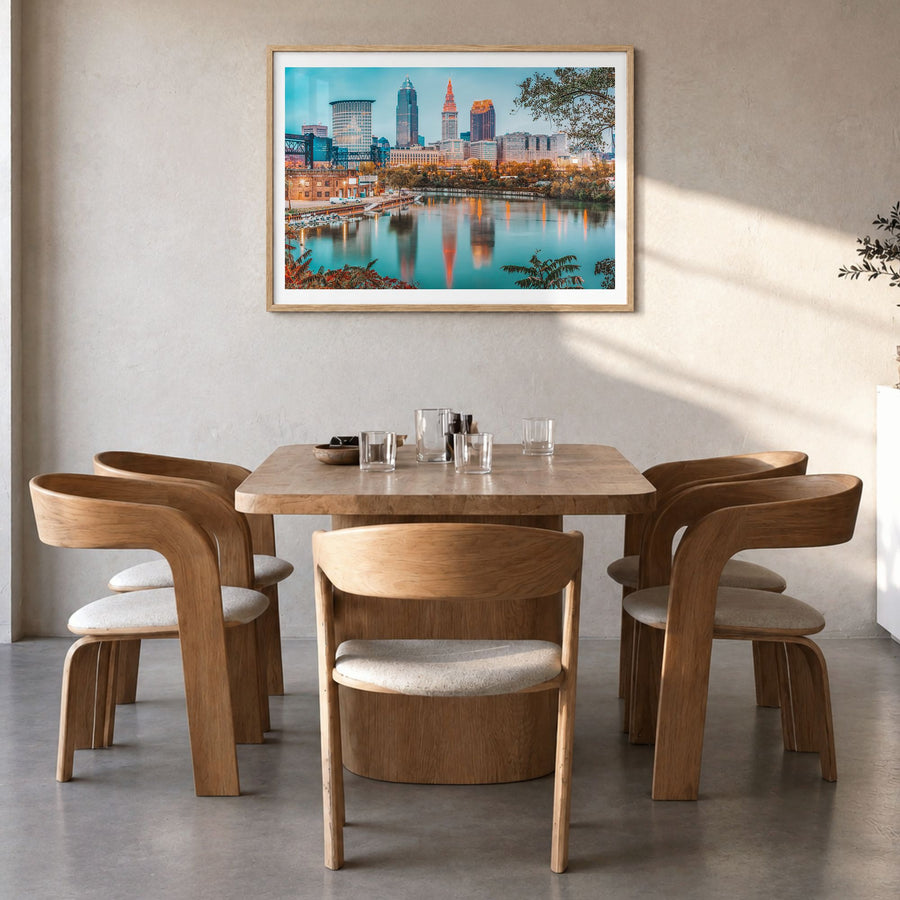Ohio Photo Poster in a natural wood frame, hanging in a dining room, white border