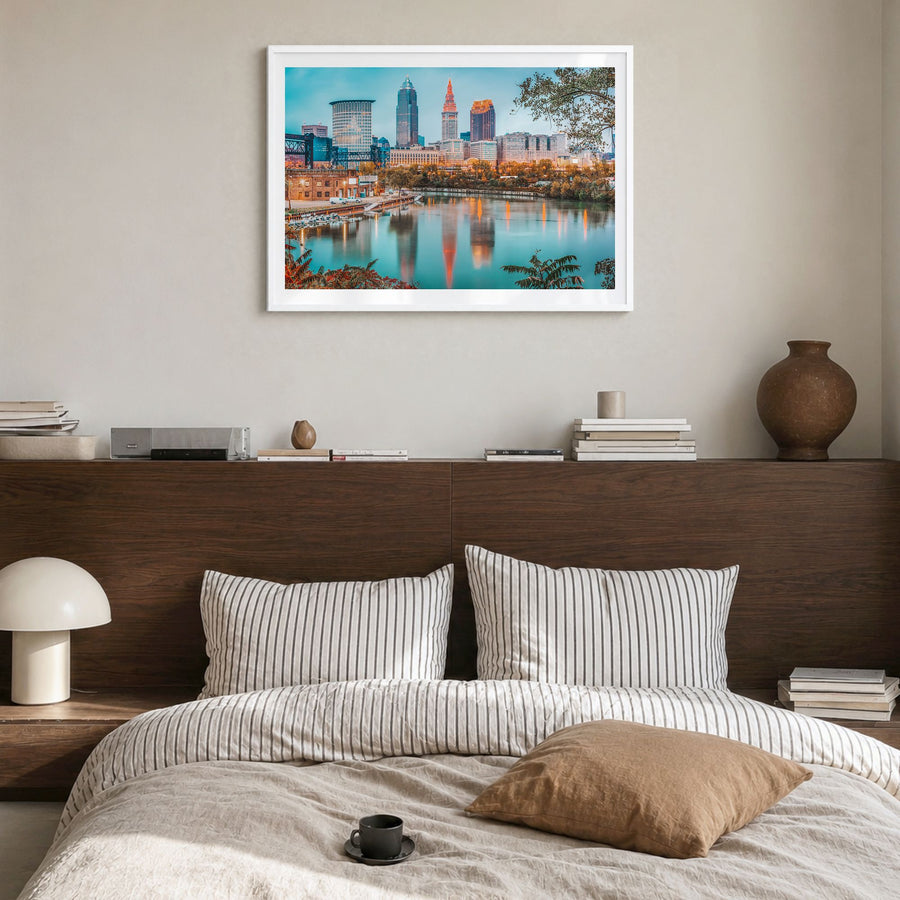 Ohio Photo Poster in a white wood frame, hanging in a bedroom, white border