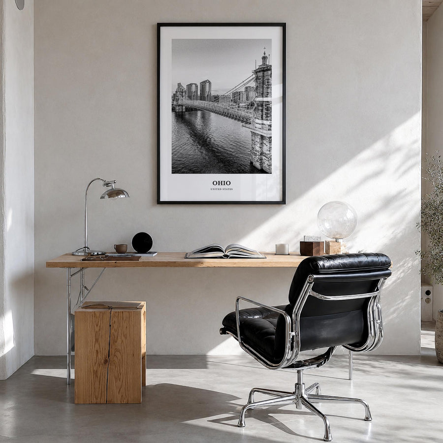 Ohio no. 1 black & white classic poster of United States – vertical wall art in black wood frame, hanging on wall