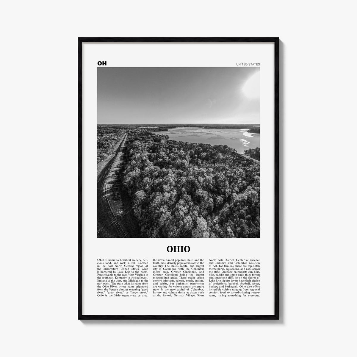 Ohio no. 3 black & white newspaper poster of United States – vertical wall art, unframed print shown in interior mockup