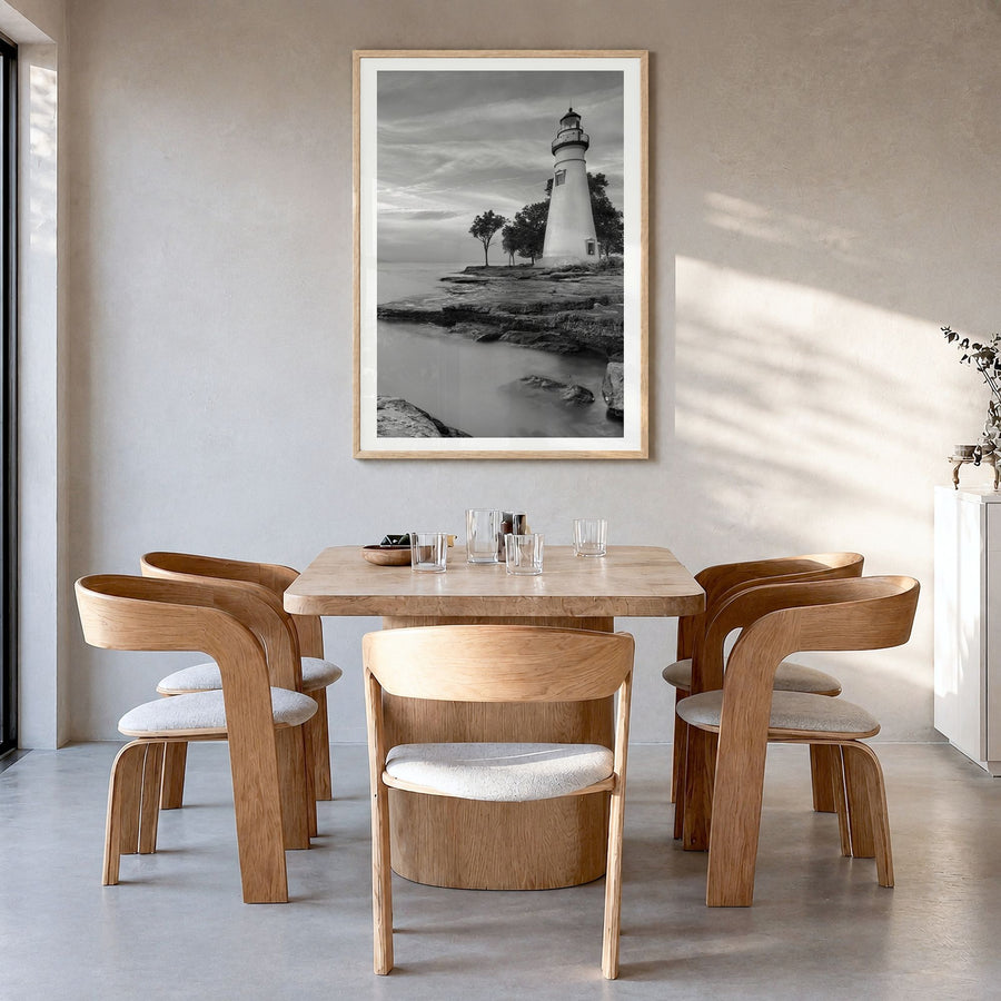 Ohio Photo Poster in a natural wood frame, hanging in a dining room, white border