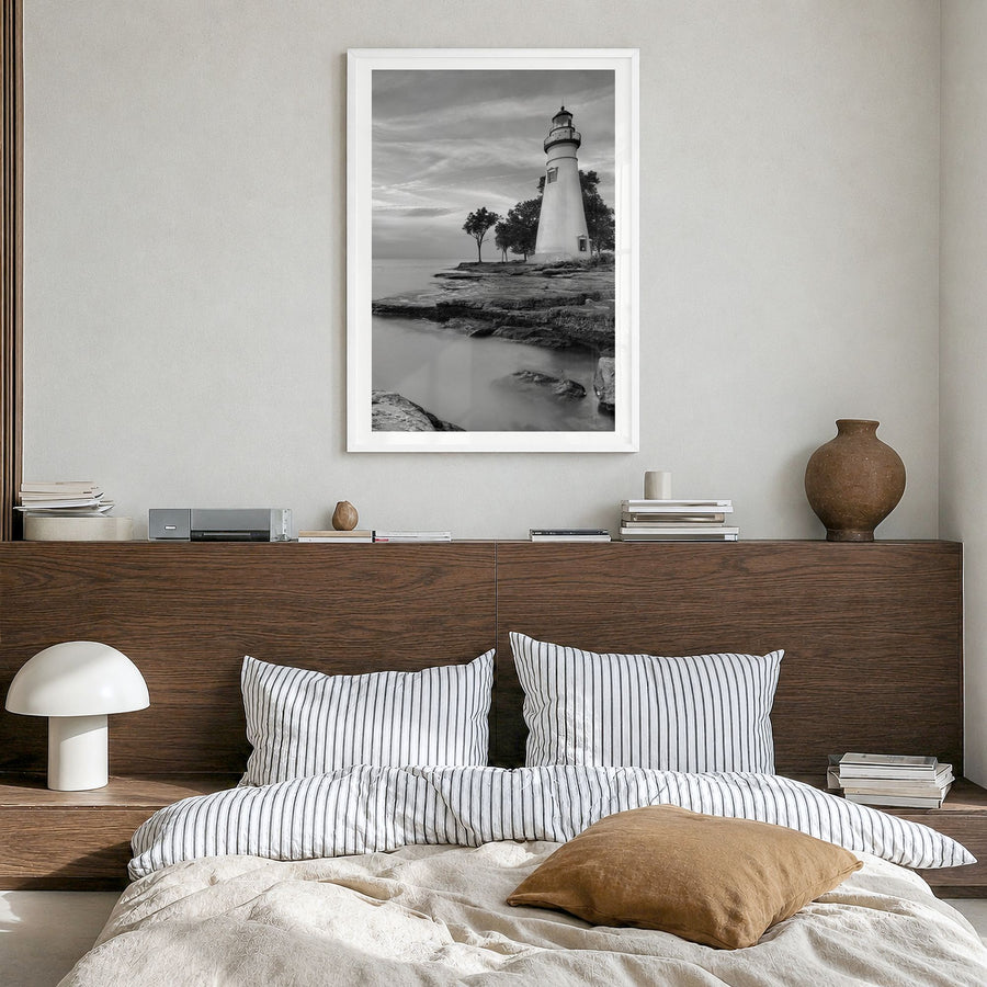 Ohio Photo Poster in a white wood frame, hanging in a bedroom, white border