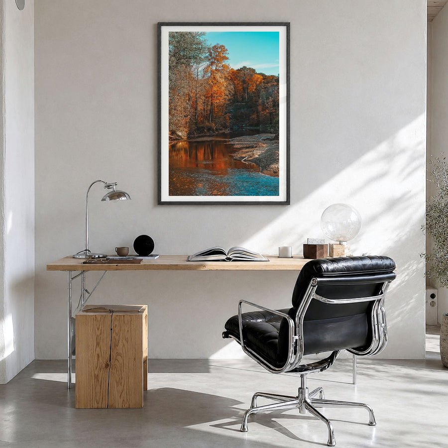 Ohio Photo No 1 Poster in a black wood frame, hanging in a bright home office, white border