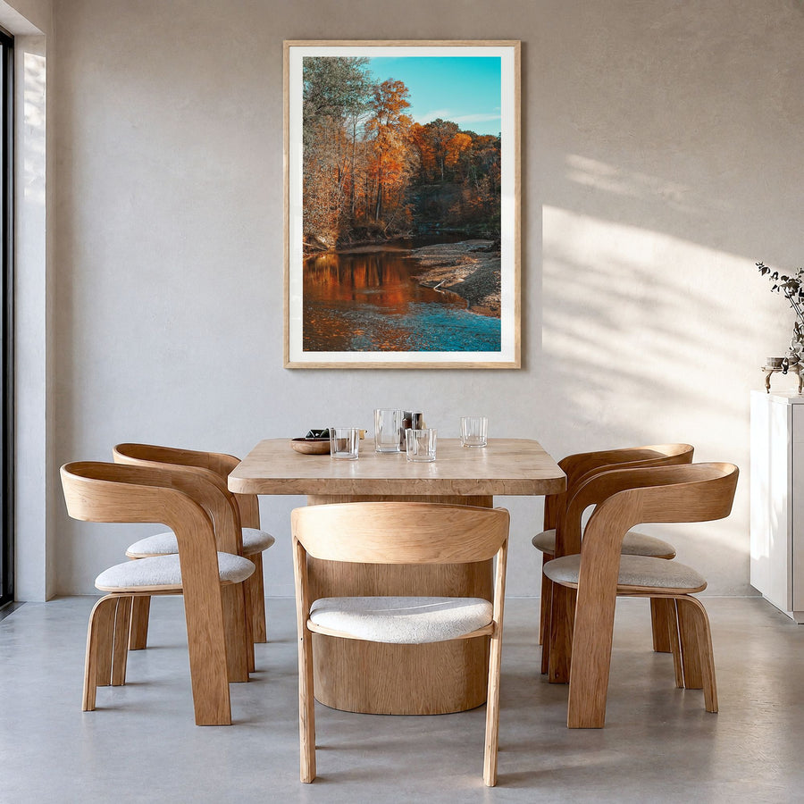 Ohio Photo No 1 Poster in a natural wood frame, hanging in a dining room, white border