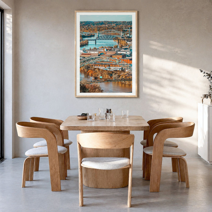 Ohio Photo No 2 Poster in a natural wood frame, hanging in a dining room, white border