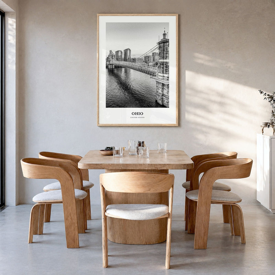 Ohio Classic No 1 Poster in a natural wood frame, hanging in a dining room