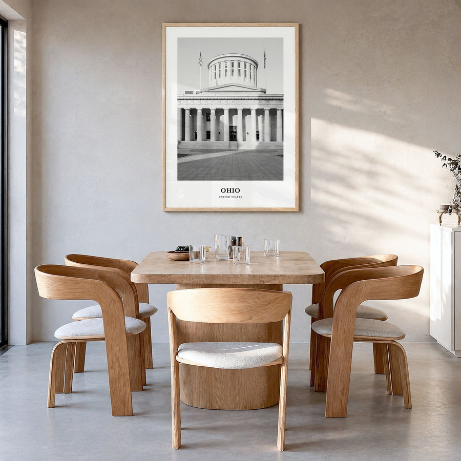 Ohio Classic No 2 Poster in a natural wood frame, hanging in a dining room