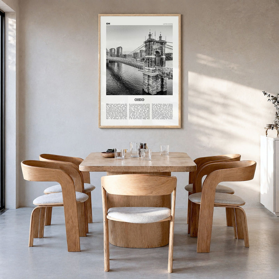 Ohio Newspaper No 1 Poster in a natural wood frame, hanging in a dining room