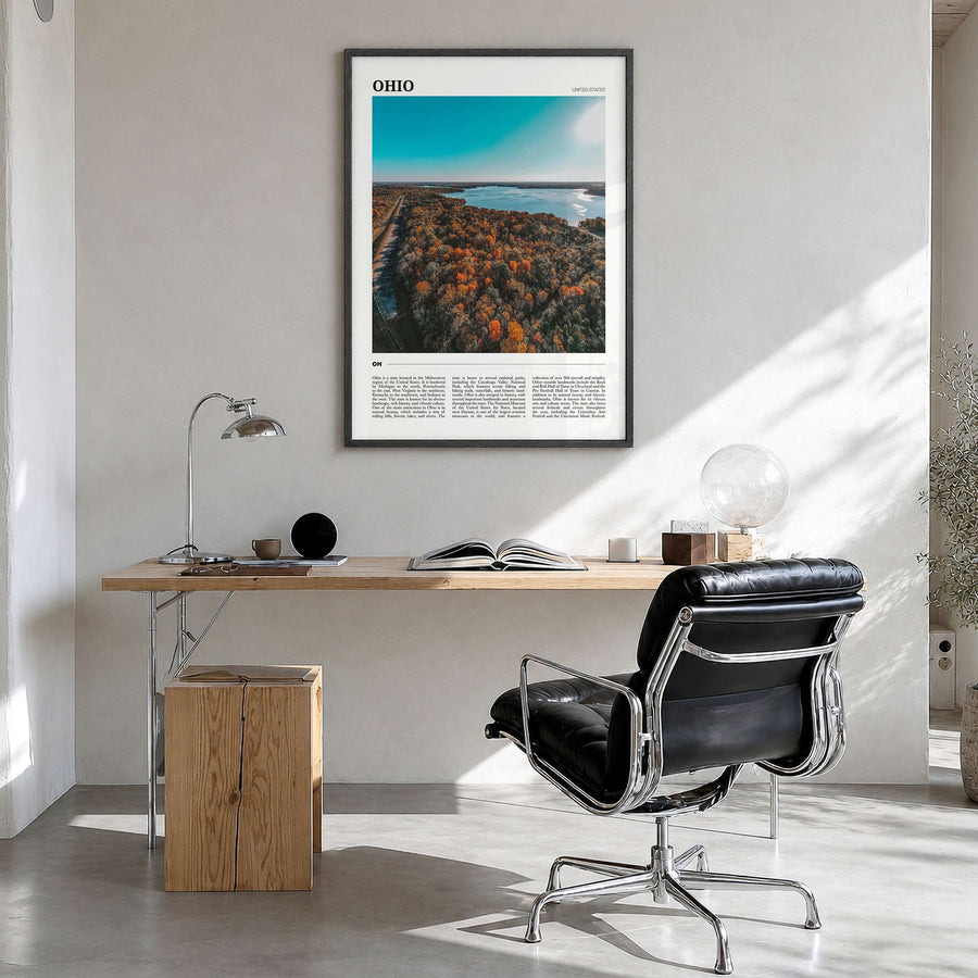 Ohio Travel Poster in a black wood frame, hanging in a bright home office
