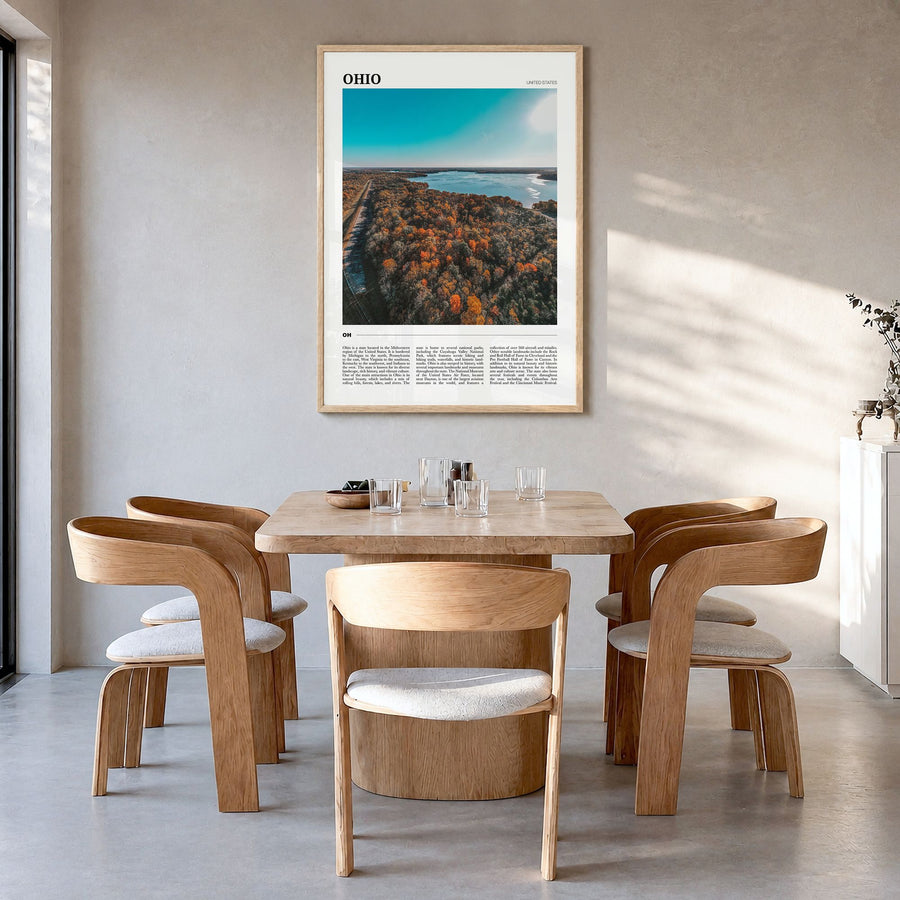 Ohio Travel Poster in a natural wood frame, hanging in a dining room