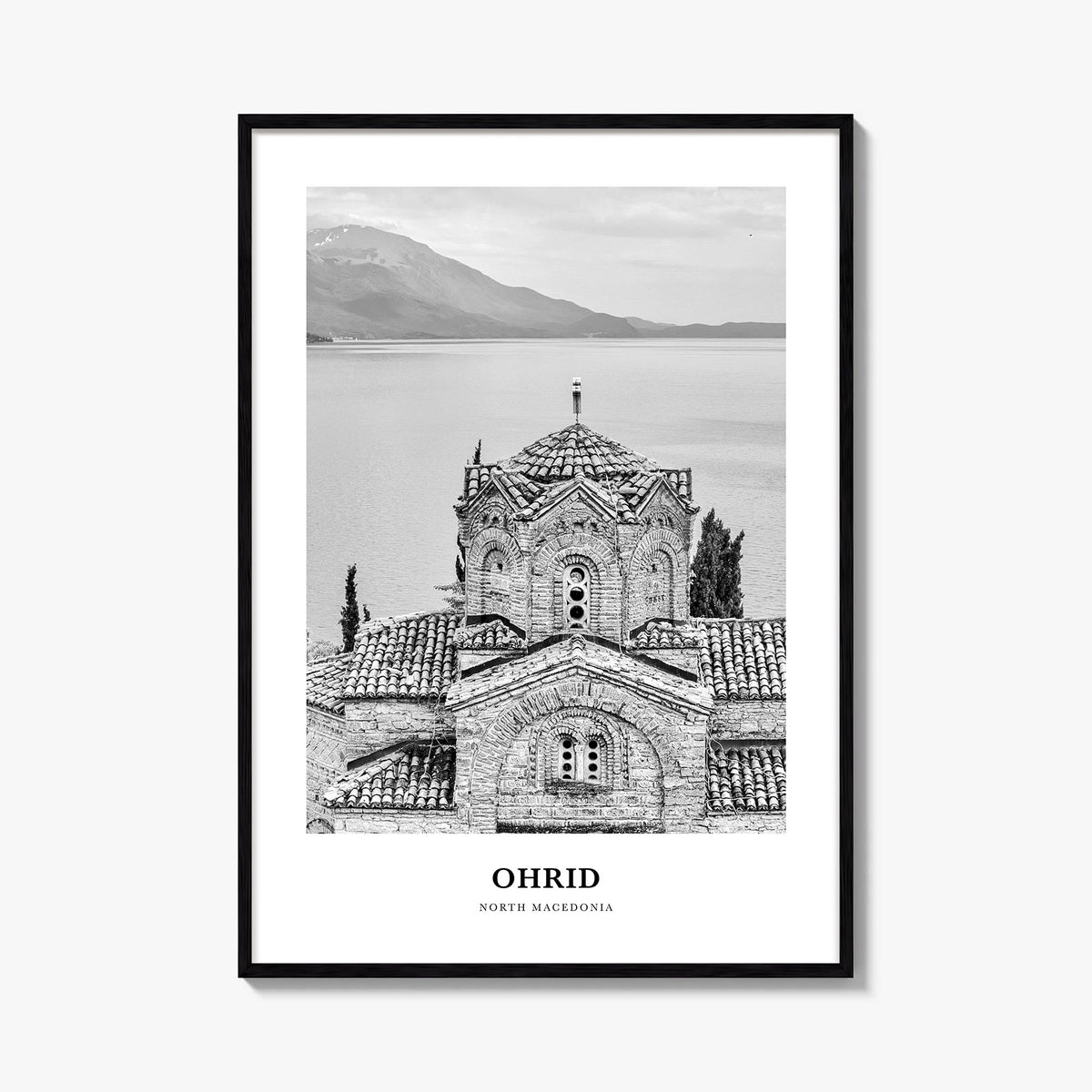 Ohrid black & white classic poster of North Macedonia – vertical wall art, unframed print shown in interior mockup