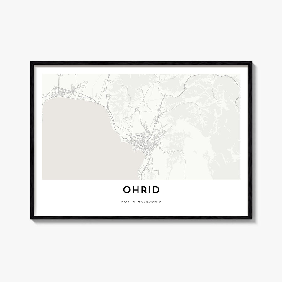 Ohrid black & white map poster of North Macedonia – horizontal wall art, unframed print shown in interior mockup