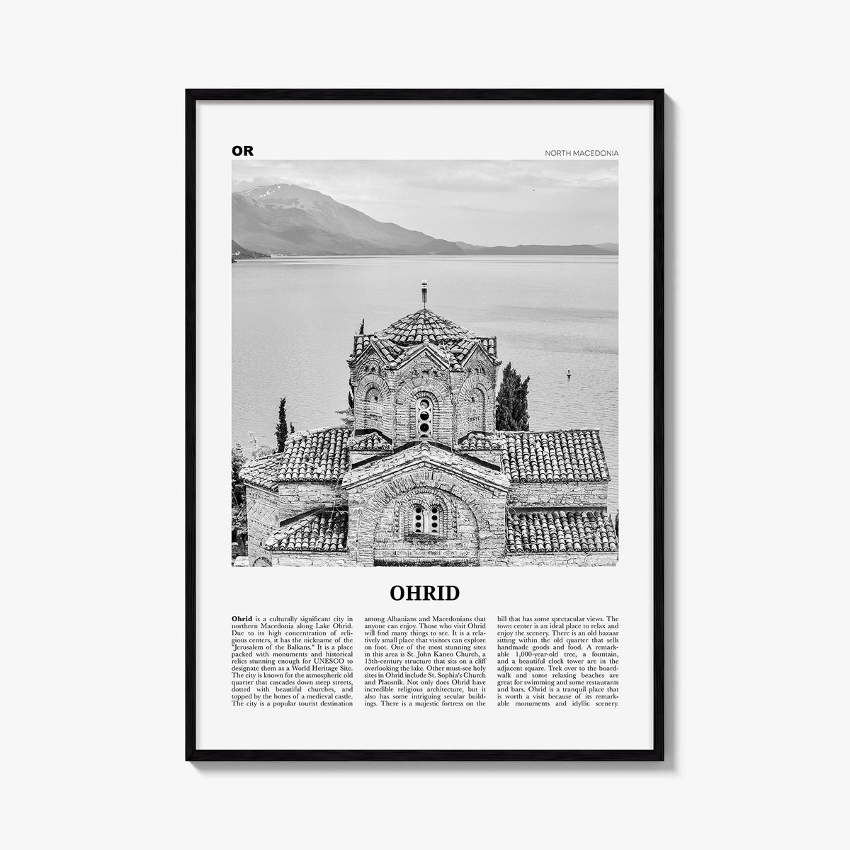 Ohrid black & white newspaper poster of North Macedonia – vertical wall art, unframed print shown in interior mockup
