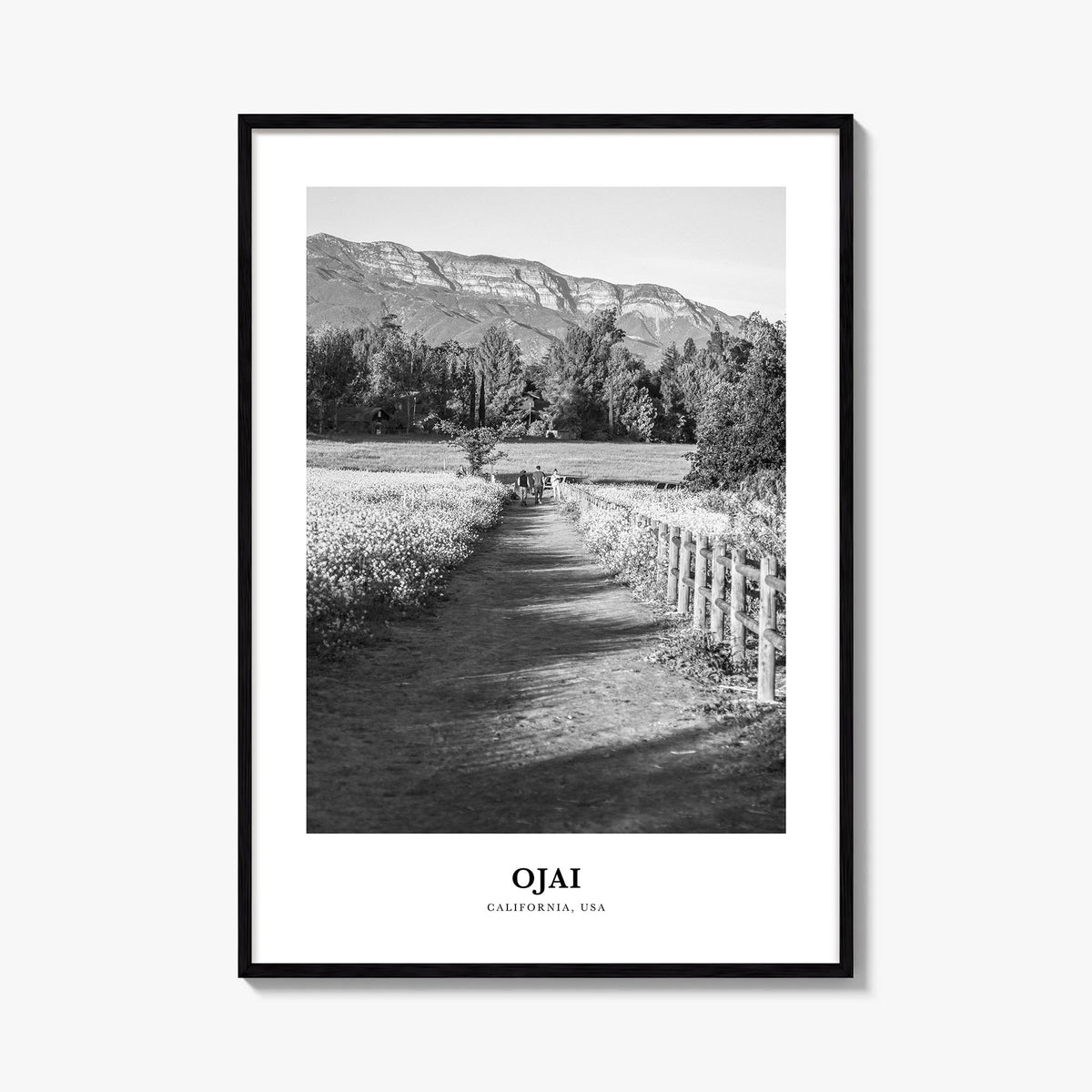 Ojai black & white classic poster of California, USA – vertical wall art, unframed print shown in interior mockup