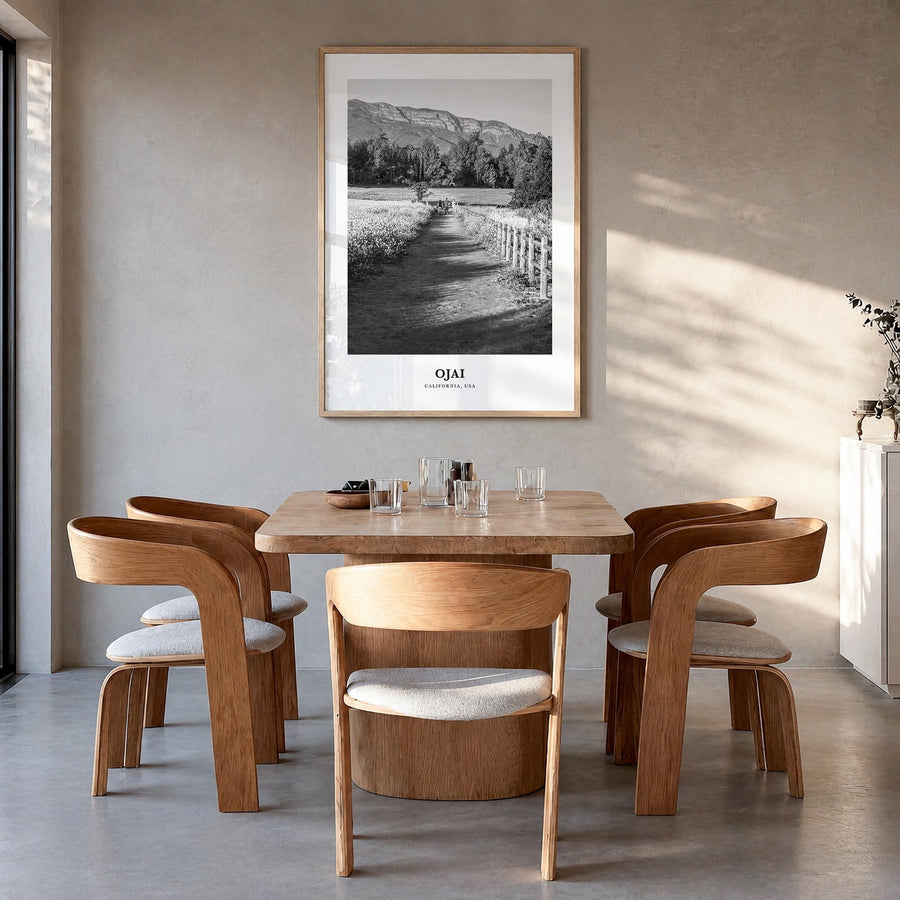 Ojai black & white classic poster of California, USA – vertical wall art in natural wood frame, hanging on wall