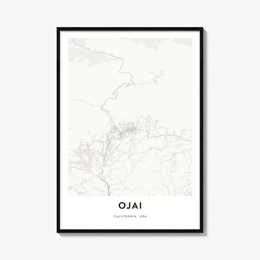 Ojai black & white map poster of California, USA – vertical wall art, unframed print shown in interior mockup