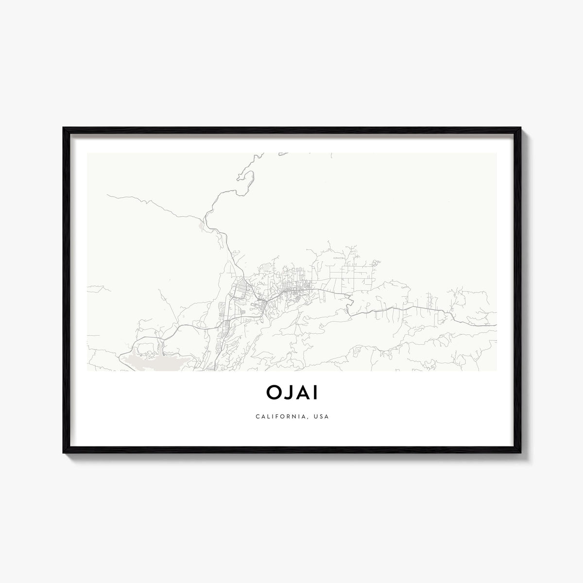 Ojai black & white map poster of California, USA – horizontal wall art, unframed print shown in interior mockup