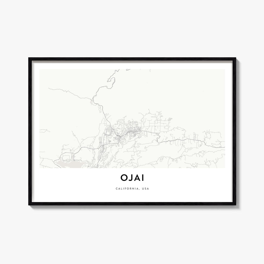 Ojai black & white map poster of California, USA – horizontal wall art, unframed print shown in interior mockup