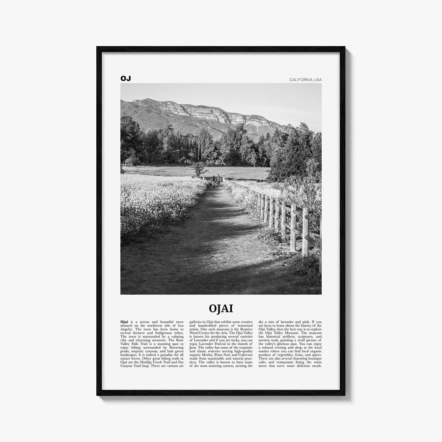 Ojai black & white newspaper poster of California, USA – vertical wall art, unframed print shown in interior mockup