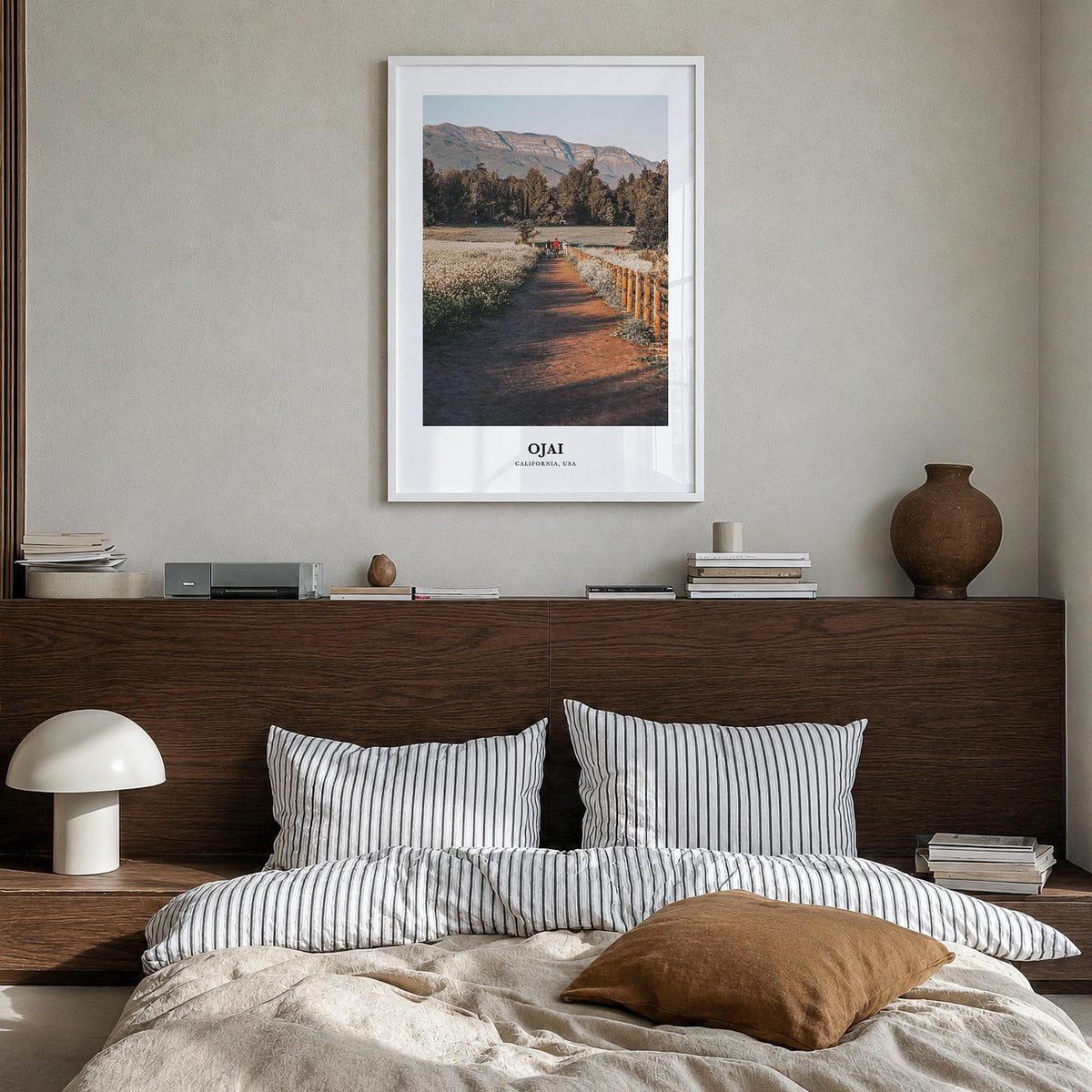 Ojai colorful classic poster of California, USA – vertical wall art in white wood frame, hanging on wall