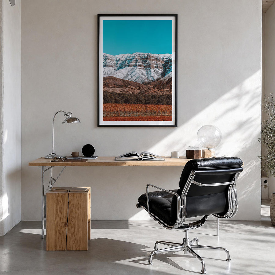 Ojai colorful photo poster of California, USA – vertical wall art in black wood frame with white border, hanging on wall