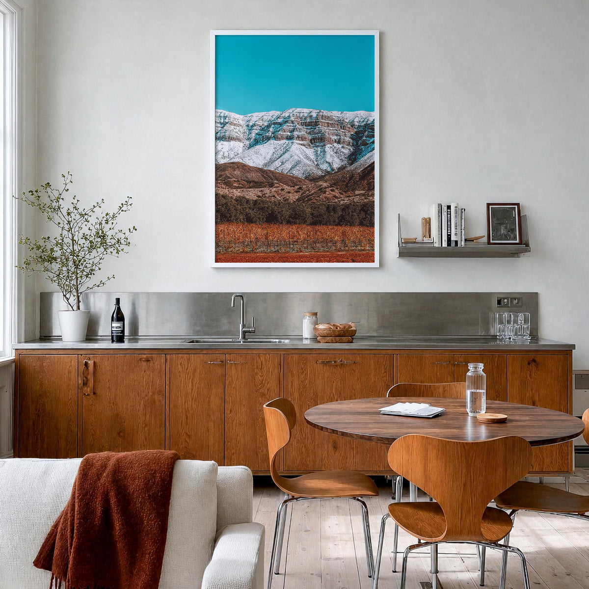 Ojai colorful photo poster of California, USA – vertical wall art in white wood frame, hanging on wall