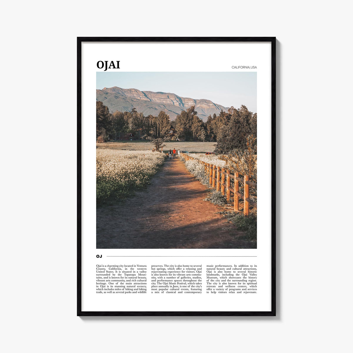 Ojai colorful travel poster of California, USA – vertical wall art, unframed print shown in interior mockup