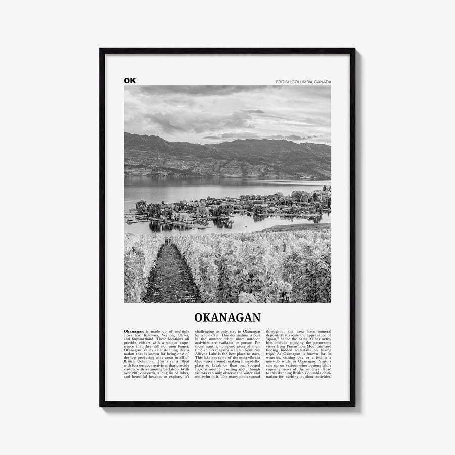 Okanagan black & white newspaper poster of British Columbia, Canada – vertical wall art, unframed print shown in interior moc