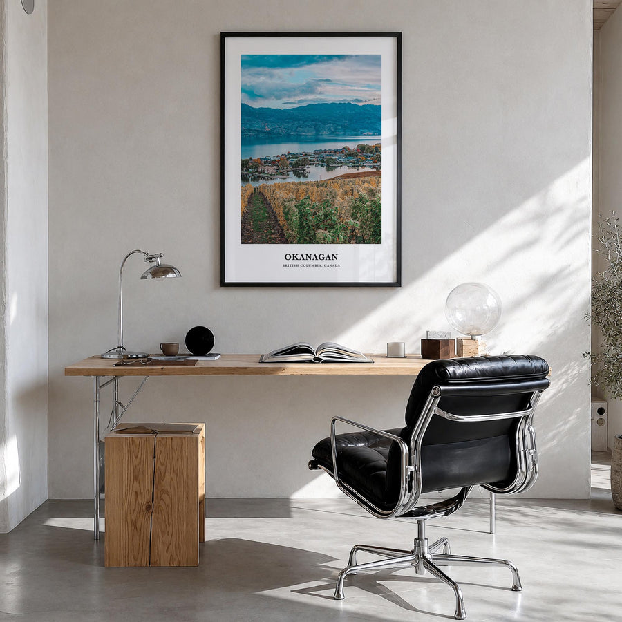 Okanagan colorful classic poster of British Columbia, Canada – vertical wall art in black wood frame, hanging on wall